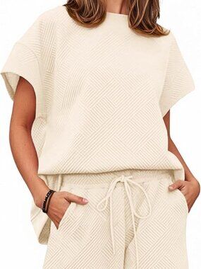 Ivory Cream Color Knit Short Set by Tankaneo 2 Piece Short Sleeve - SZ XL